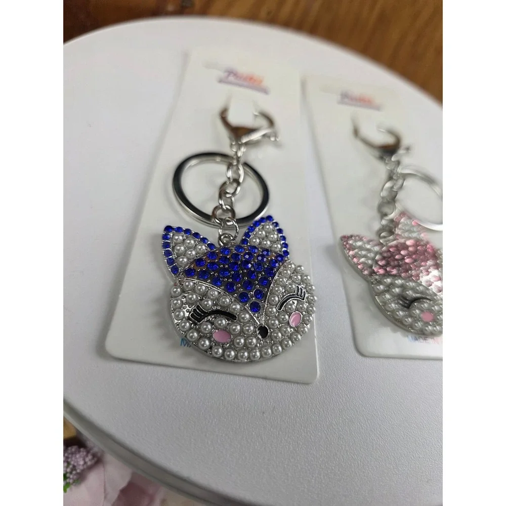 Pastel Collection Fox Bag Charm Key Chain Silver NEW Pearl Blue Pink Rhinestone
